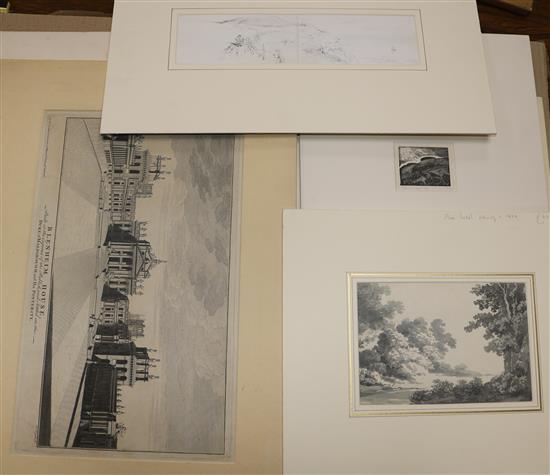 A folio of assorted prints and watercolours including works by Robert Hills, Charles Rowbotham and Rev. J. Petit.